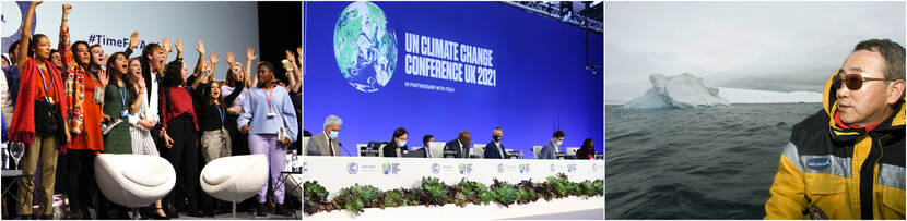 Collage, van links naar rechts: jongeren op het podium bij de COP25 in Chili, openingssessie van de COP26, en Ban Ki-moon die een bezoek brengt aan de Collins Gletsjer