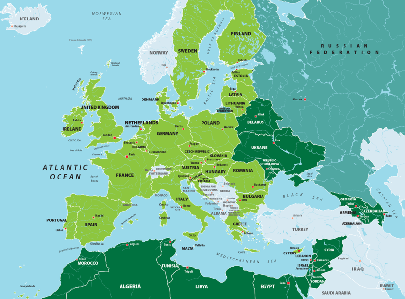 kaart van Europa met de EU-lidstaten en de landen van het Europees Nabuurschapsbeleid groen gekleurd