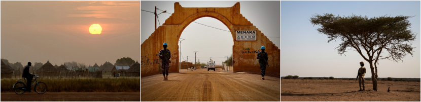 Collage, van links naar rechts: Zonsondergang Soedan, politiepatrouille van de Verenigde Naties in Mali, en MINUSMA patrouille bij landingsbaan in Kidal